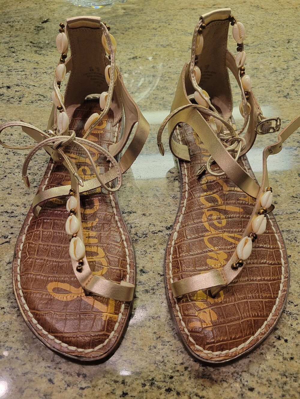Sam Edelman Metallic Gold Beaded T-Strap Gladiator Sandals